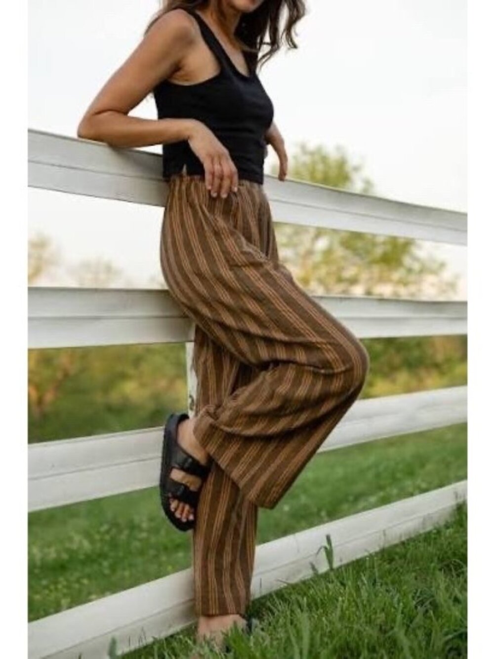 Liz Alig Women's Handwoven Cotton Pants Size XS Brown Mustard Stripe Pockets